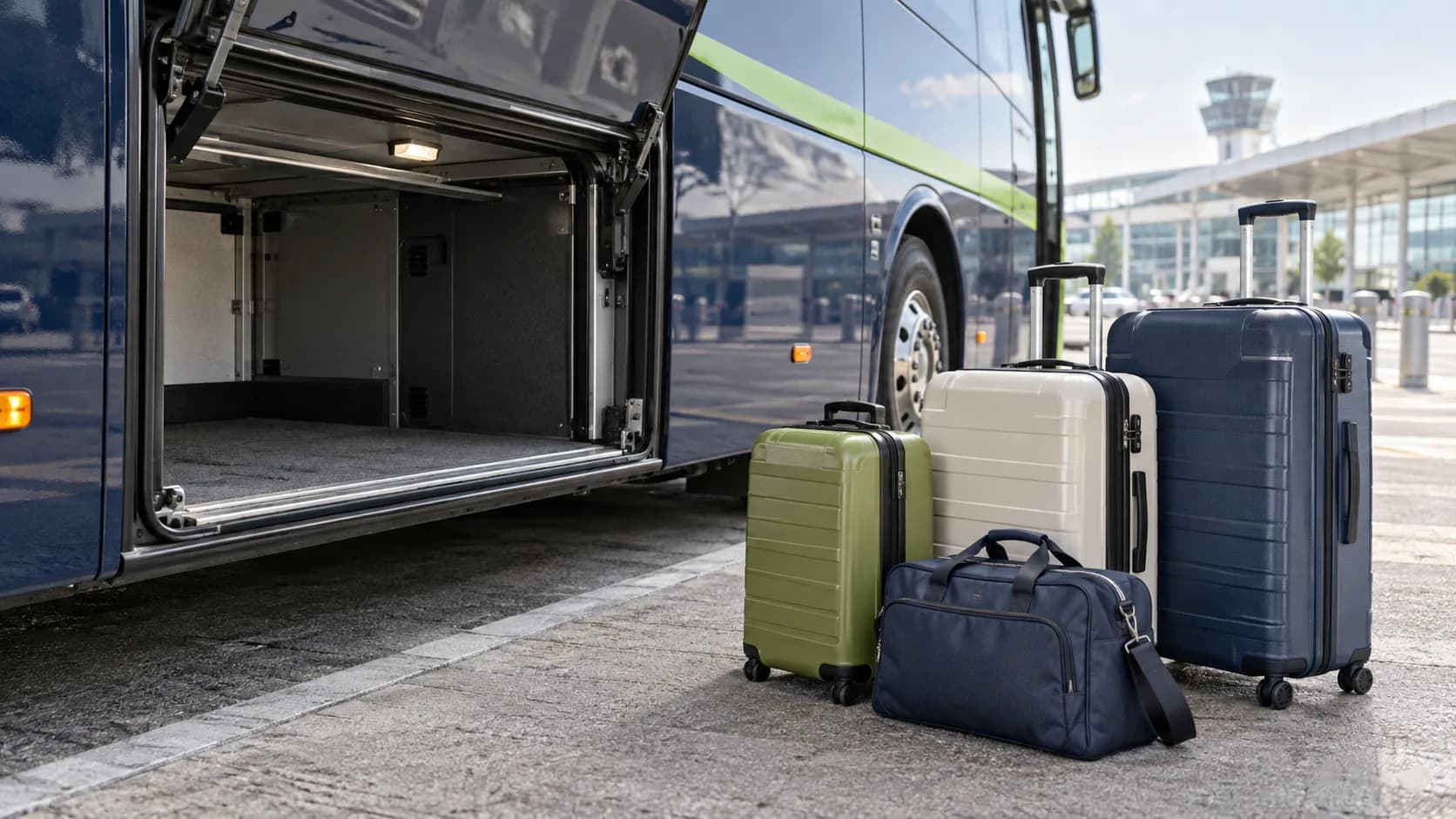 Illustration of suitcases beside an open coach luggage compartment