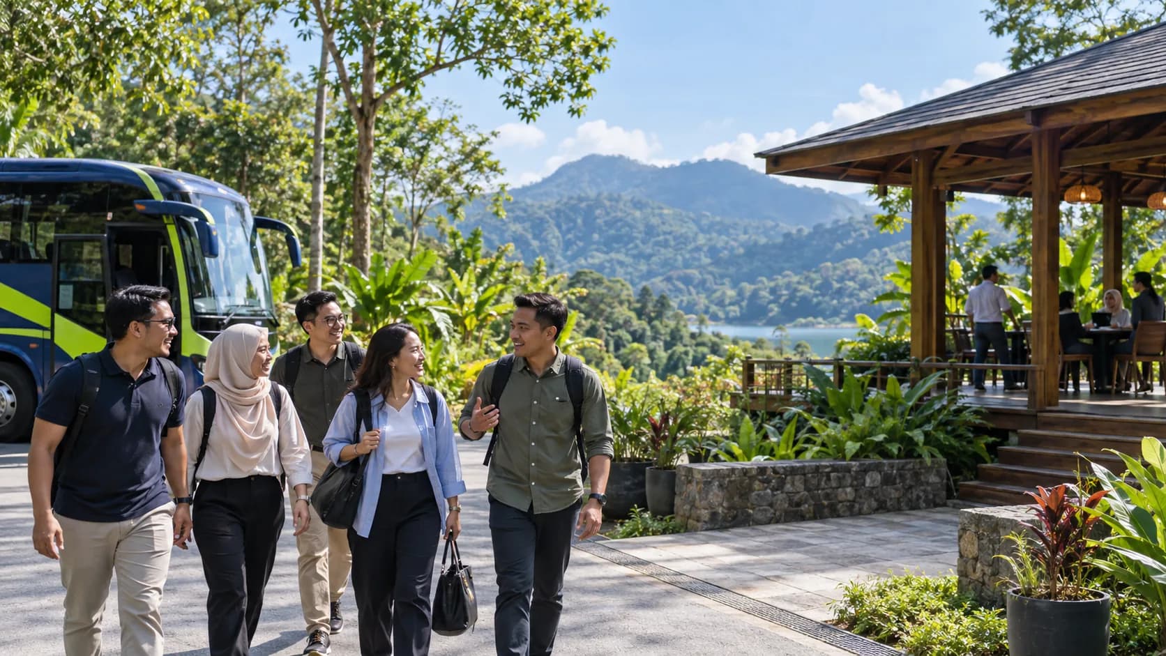 Illustration of colleagues arriving at a green retreat for a company outing