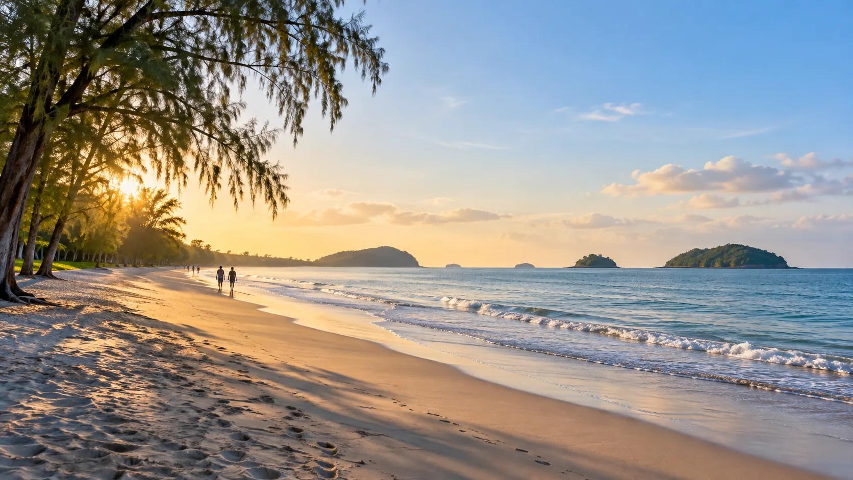 Illustration of the southern Thailand coast with a sandy beach and green islands