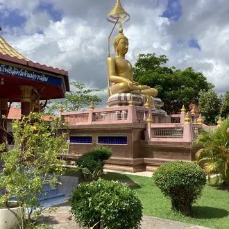 Golden Buddha and landscaped temple garden from the brochure