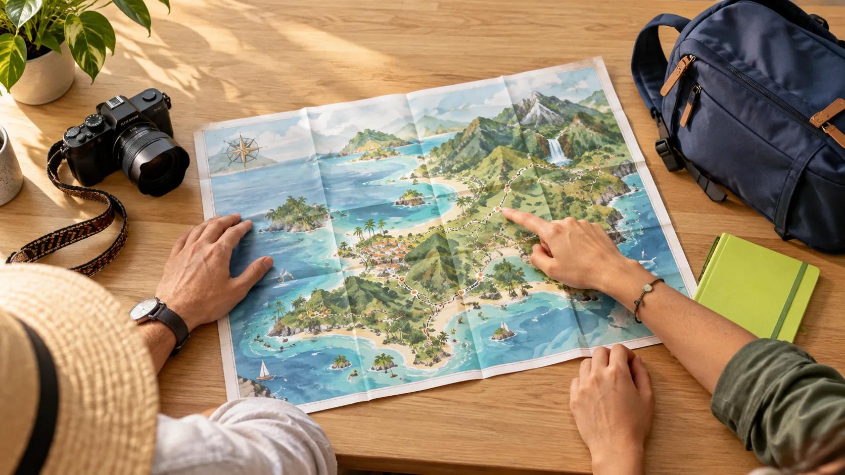 Illustration of travellers comparing a route on a map beside a camera and travel bag